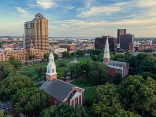 Church on the New Haven Green and buildings in downtown New Haven, Connecticut, United States.