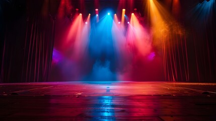 Red and blue spotlights illuminate a dark stage with smoke and curtains, creating a dramatic and vibrant atmosphere.