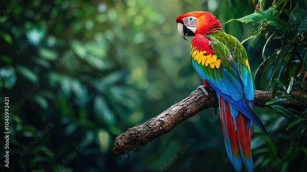 Poster a colorful parrot perched on a tree branch against a backdrop of green foliage, with a soft blur in 