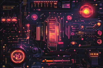 Obraz premium A futuristic circuit board design in festive New Year colors, featuring intricate digital technology elements, glowing lights, and advanced geometric patterns for a modern tech aesthetic.