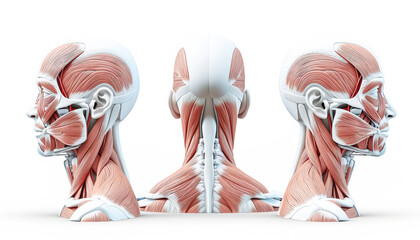 Three heads of a man with muscles showing. The heads are in different positions, but they all have the same muscles. Concept of strength and power