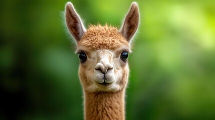 Obraz premium An alert alpaca with upright ears poses with focus, standing out against a beautifully blurred green background, representing nature and liveliness.