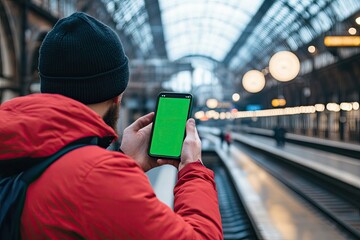 Man holding a phone with green screen while standing at a train station