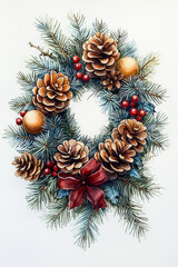 watercolor christmas wreath with red ribbon