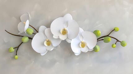 Majestic White Moth Orchids with Green Buds on a Gray Floral Flat Lay