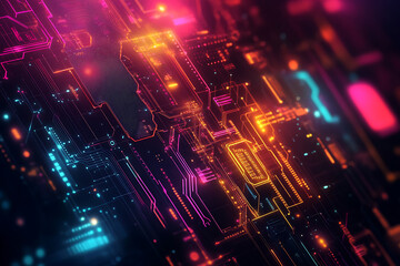 Fototapeta premium A futuristic circuit board design in festive New Year colors, featuring intricate digital technology elements, glowing lights, and advanced geometric patterns for a modern tech aesthetic.