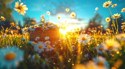 Sunny Day Bliss: Selective Focus on Wild Camomile Flowers