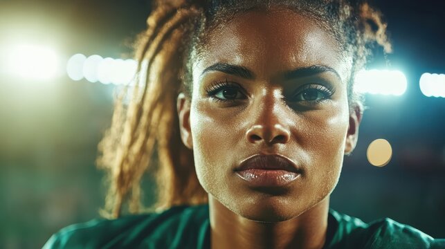 The close-up portrait of an athlete captures her intense focus and determination, highlighted by dramatic lighting, suggesting strength and determination in sports.