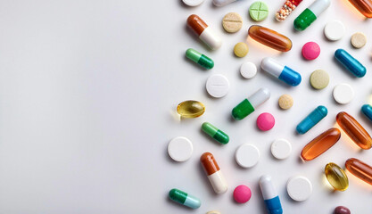 Multicolored capsules on white background. Blurred image. Assorted pharmaceutical medicine pills, tablets. Pills background. Banner for design. Vitamins and supplements background. Space for text