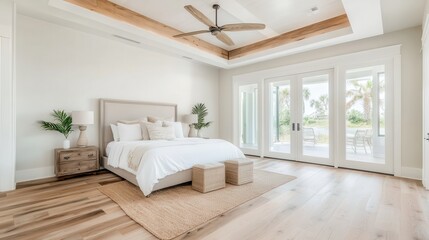 Naklejka premium A bright and airy bedroom featuring wooden elements, minimalistic design, and a palm tree view through large windows, exuding relaxation and modernity.