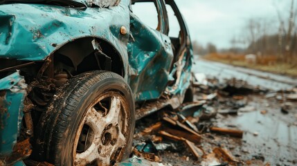 A severely damaged car is seen on the roadside, surrounded by shattered debris, highlighting the aftermath of a significant collision and the dangers of driving.