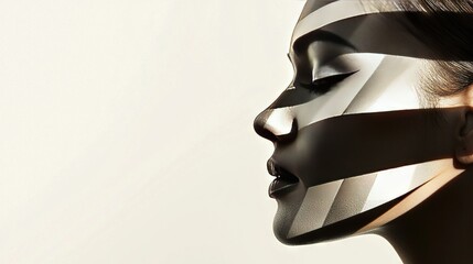   A woman's face is closely shown in the image, with lines visible on her face and behind her, all framed by a white mask