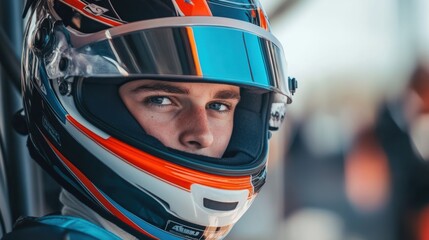 A professional racer, fully geared with a helmet, displays intense focus and determination moments before the race begins. Generative AI