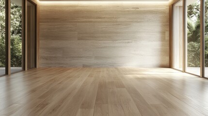 A spacious empty room featuring a smooth wooden floor and large windows, allowing natural light to flood the space. Ideal for showcasing minimalist design aesthetics.