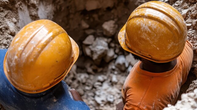 Two construction workers wearing protective hard hats are seen at a stone excavation site, emphasizing teamwork, protection, and physical labor in a rugged environment.