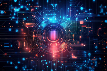 Obraz premium A futuristic circuit board design in festive New Year colors, featuring intricate digital technology elements, glowing lights, and advanced geometric patterns for a modern tech aesthetic.