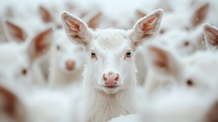 Obraz premium A group of white deer standing in a snowy landscape, with the central deer looking directly at the camera, creating a serene and enchanting winter scene.