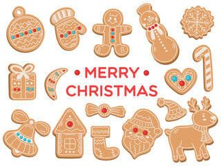 Set of different gingerbread cookies of different shapes for New Year celebration. Homemade baking illustration in flat modern style