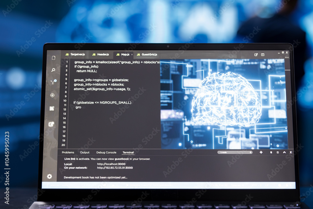 Poster technician analyzing complex ai brain models on laptop. extreme close up shot of it expert using mac