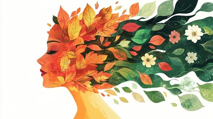   A painting of a woman's face with leaves and flowers on her head