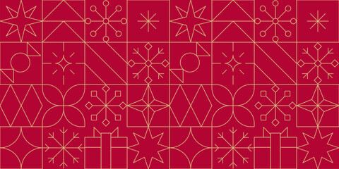 Gold line Christmas seamless pattern. Minimalist geometric festive gold red New Year holidays linear banner background.