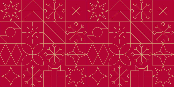 Gold line Christmas seamless pattern. Minimalist geometric festive gold red New Year holidays linear banner background.