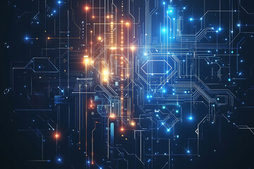 A futuristic circuit board design in festive New Year colors, featuring intricate digital technology elements, glowing lights, and advanced geometric patterns for a modern tech aesthetic.

