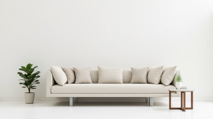 Naklejka premium A minimalist living room setup featuring a neutral-colored sofa, decorative cushions, and a small coffee table, creating a clean and inviting atmosphere for relaxation.