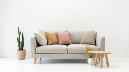 A minimalist living room setup featuring a neutral-colored sofa, decorative cushions, and a small coffee table, creating a clean and inviting atmosphere for relaxation.