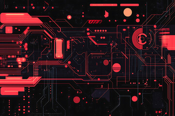 A futuristic circuit board design in festive New Year colors, featuring intricate digital technology elements, glowing lights, and advanced geometric patterns for a modern tech aesthetic.

