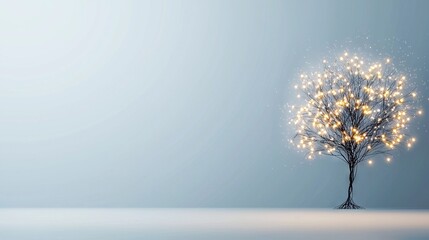 Obraz premium A tree adorned with numerous lights occupies the center of a room featuring a light blue wall