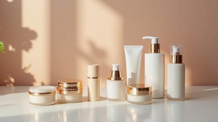 A collection of skincare or makeup products artfully arranged on a vanity table with soft lighting, creating an elegant and inviting beauty display.