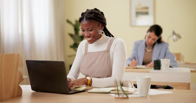 Success, fist pump and business woman with laptop for sales representative, promotion and deal. Creative, product specialist and winner with excited employee for proposal, website and celebration