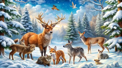 Winter animals in the snow 