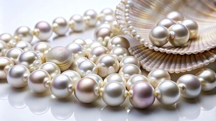 Sparkling pearls and lustrous mother of pearl shells on a white background
