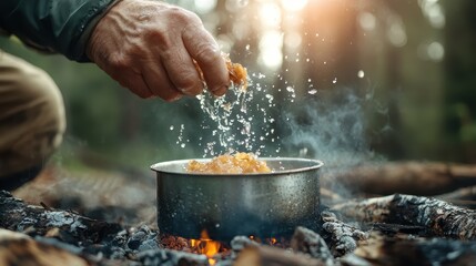 In a tranquil forest setting, this image captures a droplet of water gracefully falling into a pot simmering over a campfire, symbolizing peace and simplicity in nature.