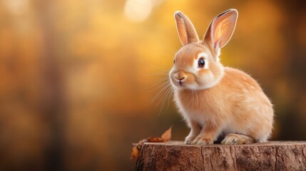 Fototapeta premium An innocent little bunny sits attentively on a tree stump amidst the rich hues of autumn, providing a heartwarming display of nature's beauty and simplicity.