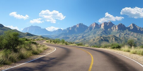 A scenic winding road surrounded by lush greenery and majestic mountains under a clear blue sky.