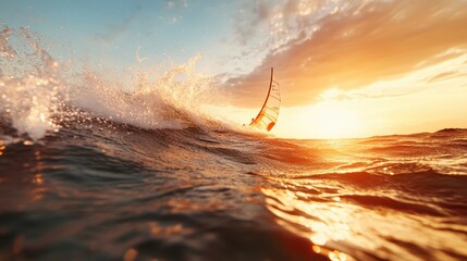 A daring windsurfer skillfully masters choppy waves at sunset, capturing adventure, skill, and the breathtaking beauty of a vibrant, golden horizon.