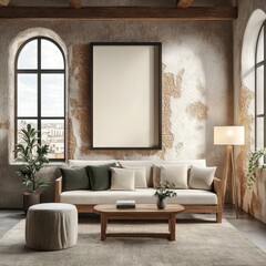 Cozy Living Room with Sofa, Pillows, Coffee Table, Plant, and Floor Lamp against a Rustic Wall.