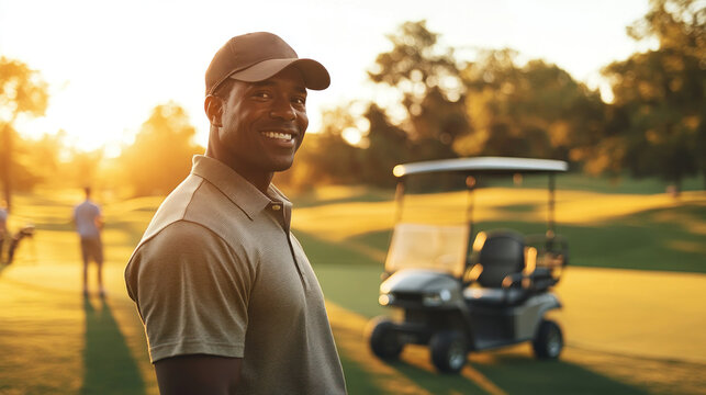 smiling african american male golfer enjoying beautiful sunset on course. golf player standing in front of caddy, banner with copy space. prestige, success and lifestyle of wealth and prosperity