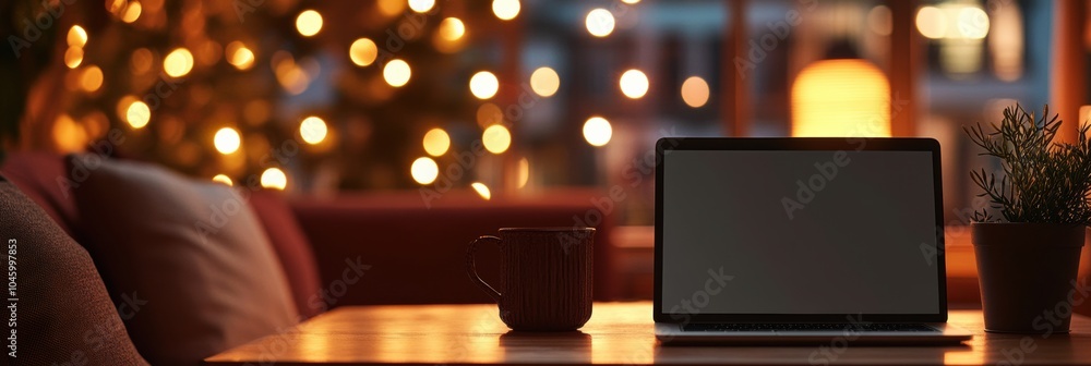 Poster a laptop sits on a table beside a warm cup, surrounded by soft lighting and festive decorations, cre