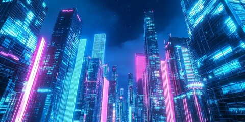 Obraz premium A stunning view of a futuristic cityscape illuminated by vibrant neon lights, creating a mesmerizing atmosphere.
