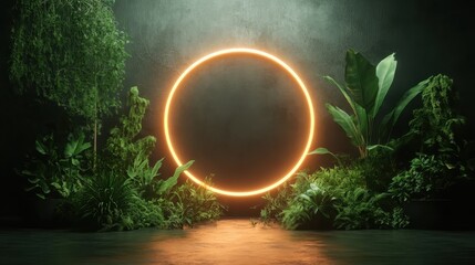 A neon circle casts a warm and inviting glow amidst a collection of vivid green plants. The scene embodies a blend of natural beauty and modern artistic expression.