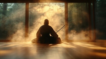 A lone samurai is silhouetted against mystical, diffused morning light in a traditional setting, symbolizing strength, solitude, and the serene start of a new day.