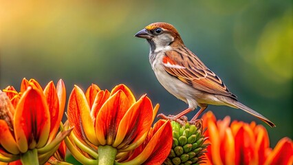 Sparrow perching on top of African Tulip tree in forced perspective