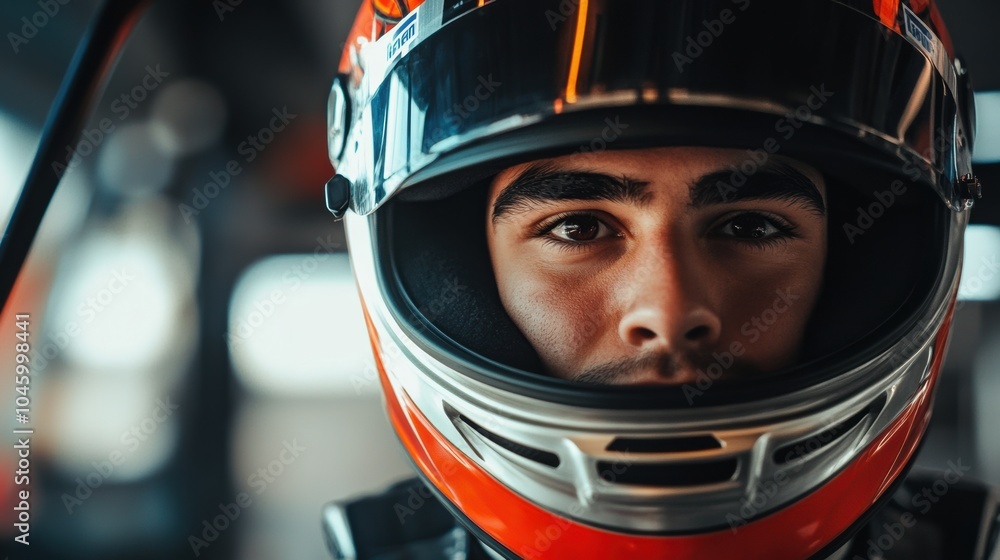 Poster a focused racer, clad in a helmet, gets ready for the race, embodying concentration and readiness fo