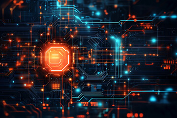 A futuristic circuit board design in festive New Year colors, featuring intricate digital technology elements, glowing lights, and advanced geometric patterns for a modern tech aesthetic.

