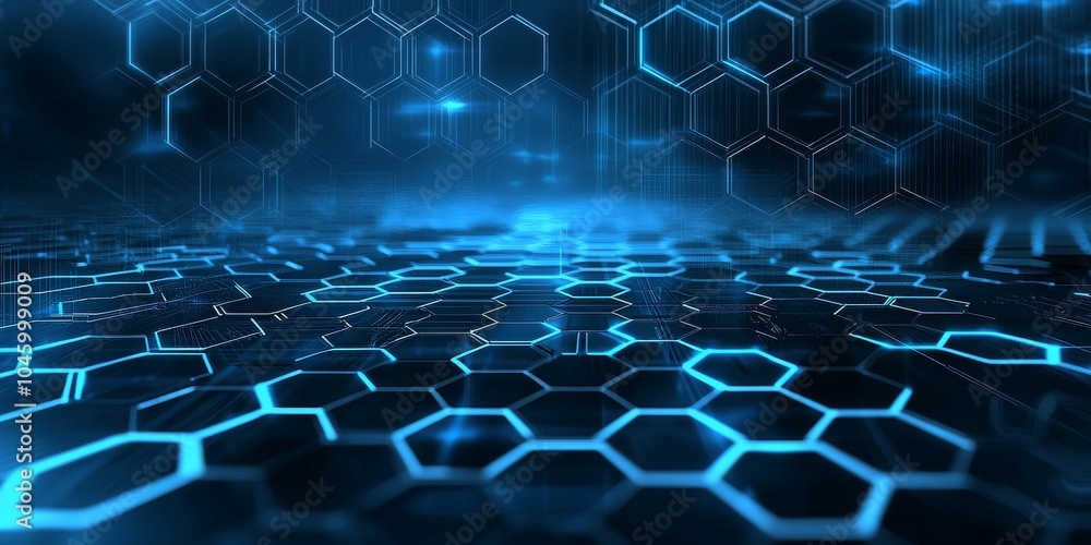 Poster futuristic hexagonal pattern in vibrant blue, creating a sense of depth and technology.