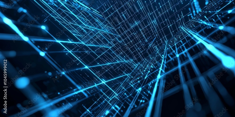 Poster abstract digital network with glowing blue lines creating an intricate geometric pattern.